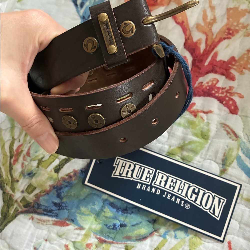 True Religion Brown Leather Belt - Classic Brass Buckle small waist XS/S